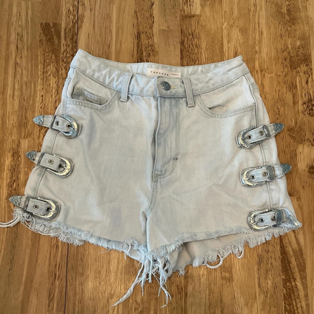 Topshop Light Wash Jean Shorts with Silver Buckles